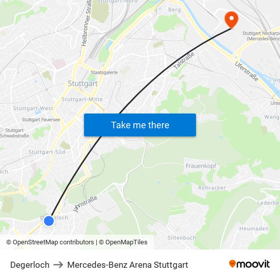 Degerloch to Mercedes-Benz Arena Stuttgart map