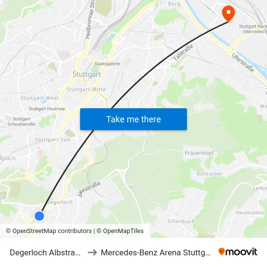Degerloch Albstraße to Mercedes-Benz Arena Stuttgart map