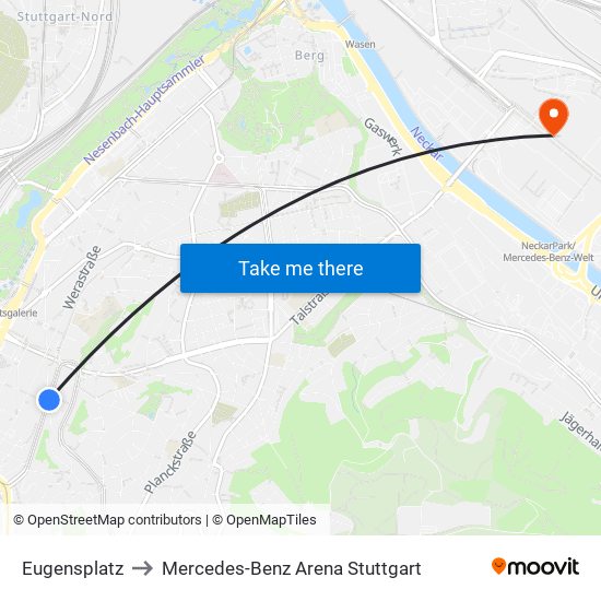 Eugensplatz to Mercedes-Benz Arena Stuttgart map