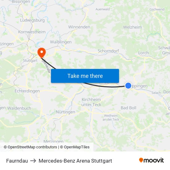 Faurndau to Mercedes-Benz Arena Stuttgart map
