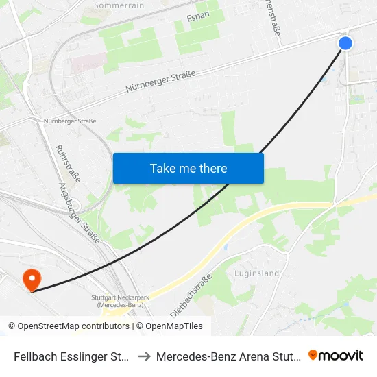 Fellbach Esslinger Straße to Mercedes-Benz Arena Stuttgart map