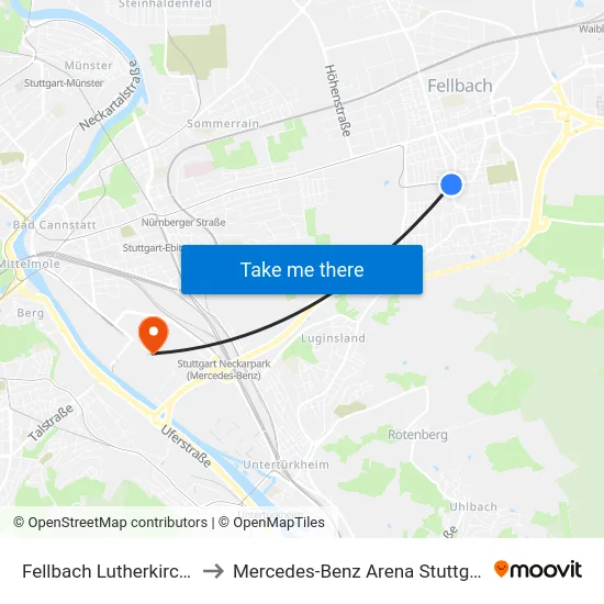 Fellbach Lutherkirche to Mercedes-Benz Arena Stuttgart map