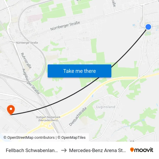 Fellbach Schwabenlandhalle to Mercedes-Benz Arena Stuttgart map