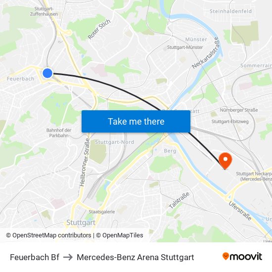 Feuerbach Bf to Mercedes-Benz Arena Stuttgart map