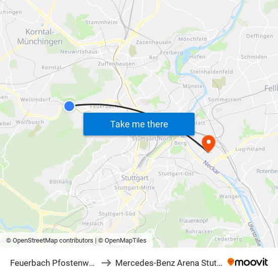 Feuerbach Pfostenwäldle to Mercedes-Benz Arena Stuttgart map