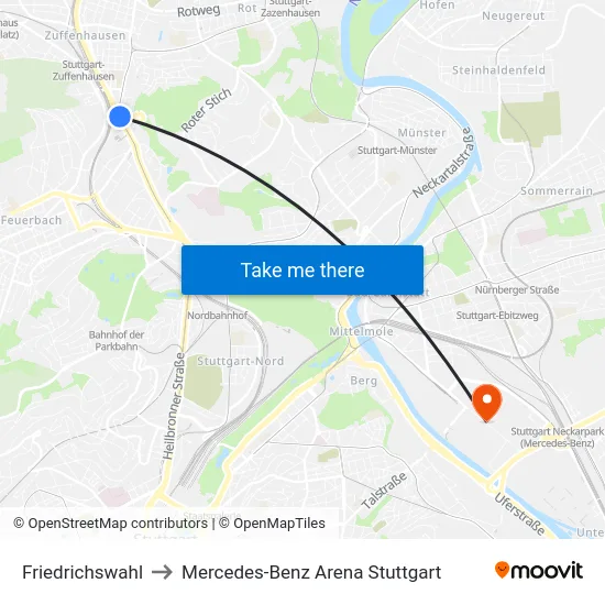 Friedrichswahl to Mercedes-Benz Arena Stuttgart map