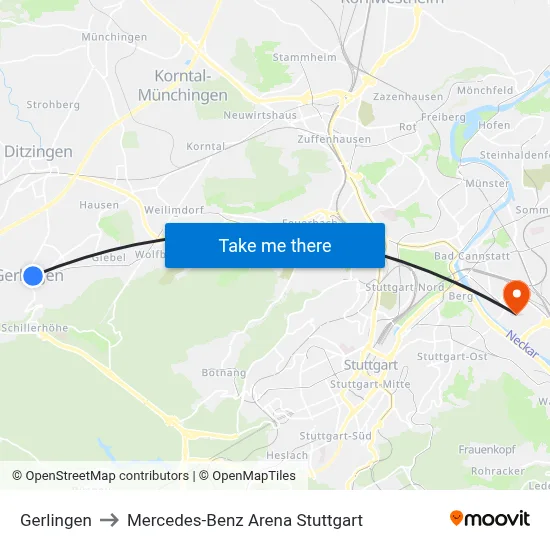 Gerlingen to Mercedes-Benz Arena Stuttgart map