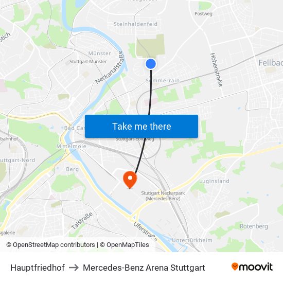 Hauptfriedhof to Mercedes-Benz Arena Stuttgart map