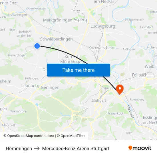 Hemmingen to Mercedes-Benz Arena Stuttgart map