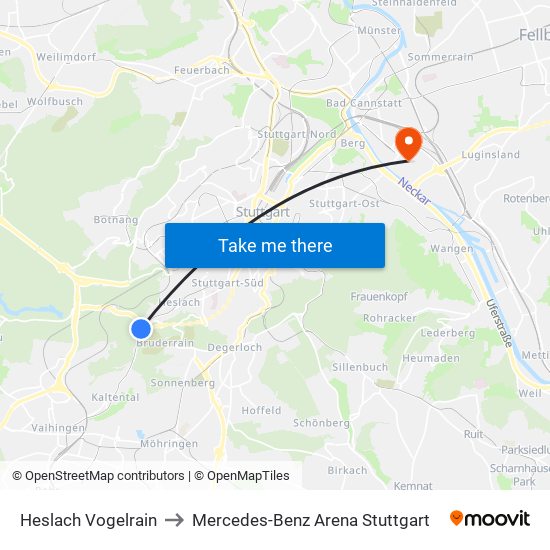 Heslach Vogelrain to Mercedes-Benz Arena Stuttgart map