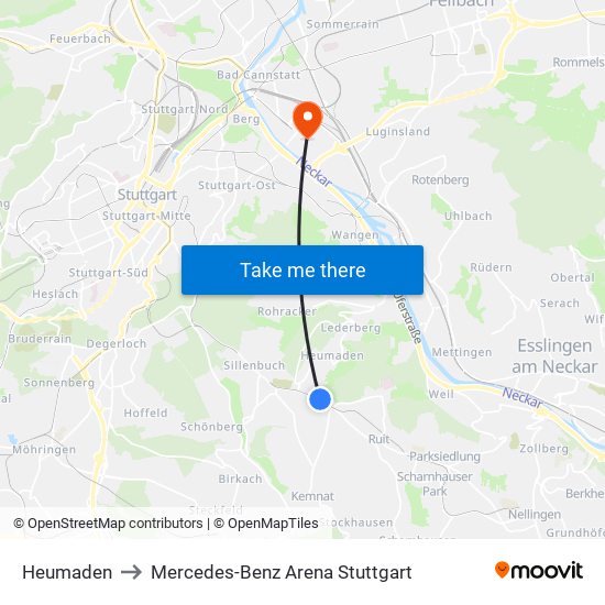 Heumaden to Mercedes-Benz Arena Stuttgart map