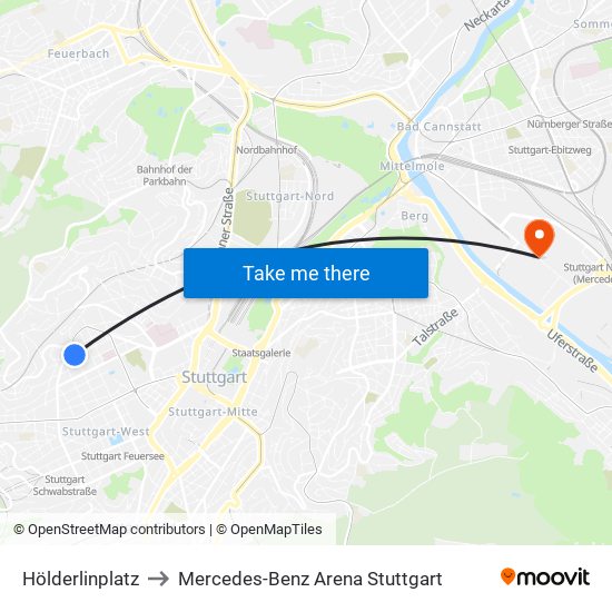 Hölderlinplatz to Mercedes-Benz Arena Stuttgart map