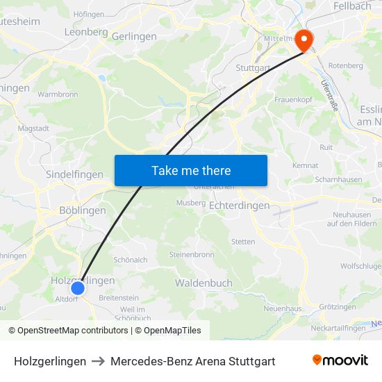 Holzgerlingen to Mercedes-Benz Arena Stuttgart map