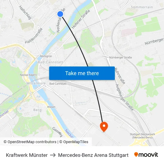 Kraftwerk Münster to Mercedes-Benz Arena Stuttgart map