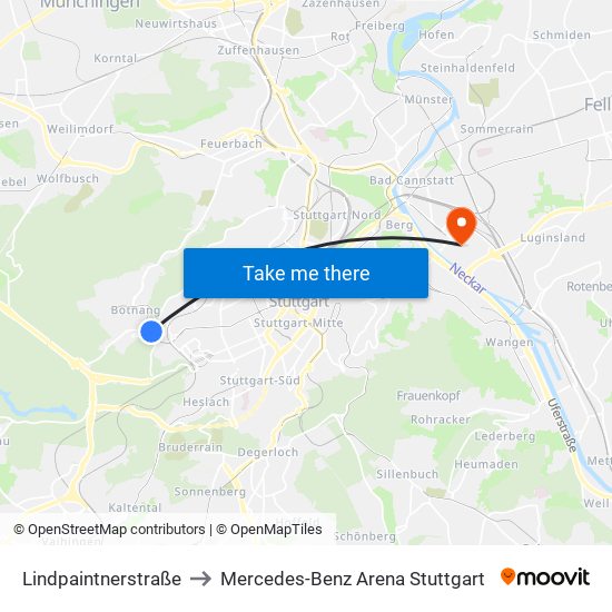 Lindpaintnerstraße to Mercedes-Benz Arena Stuttgart map