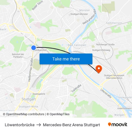 Löwentorbrücke to Mercedes-Benz Arena Stuttgart map