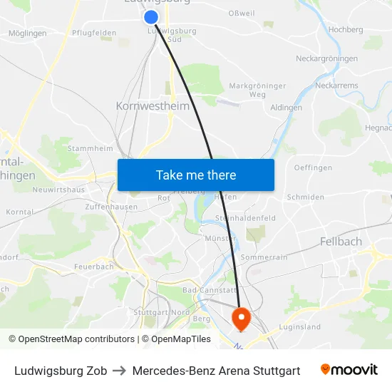 Ludwigsburg Zob to Mercedes-Benz Arena Stuttgart map