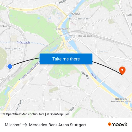 Milchhof to Mercedes-Benz Arena Stuttgart map