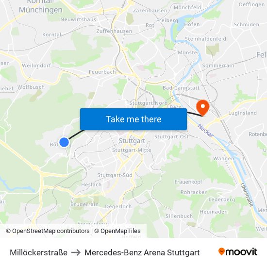Millöckerstraße to Mercedes-Benz Arena Stuttgart map