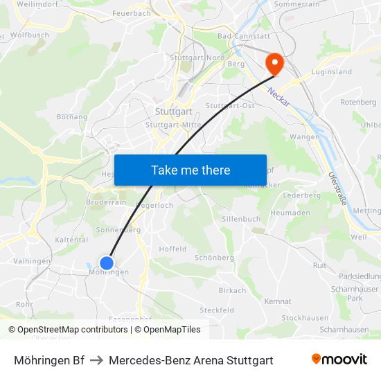 Möhringen Bf to Mercedes-Benz Arena Stuttgart map