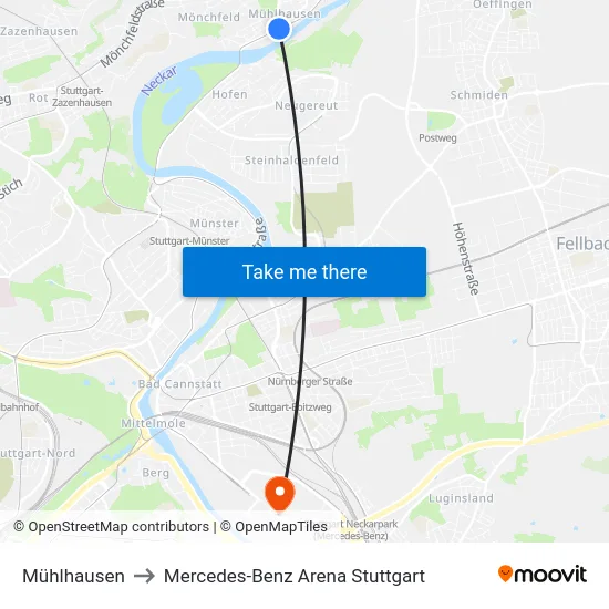 Mühlhausen to Mercedes-Benz Arena Stuttgart map