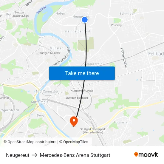 Neugereut to Mercedes-Benz Arena Stuttgart map