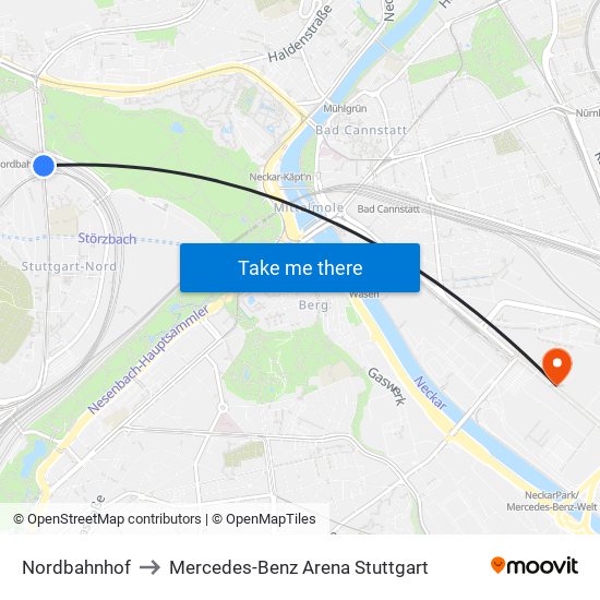 Nordbahnhof to Mercedes-Benz Arena Stuttgart map