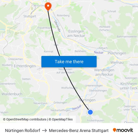 Nürtingen Roßdorf to Mercedes-Benz Arena Stuttgart map