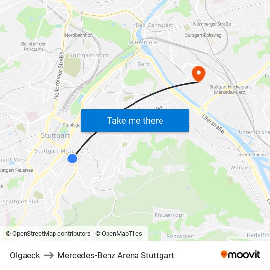 Olgaeck to Mercedes-Benz Arena Stuttgart map