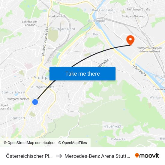 Österreichischer Platz to Mercedes-Benz Arena Stuttgart map