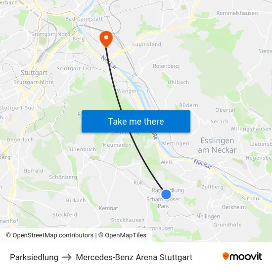 Parksiedlung to Mercedes-Benz Arena Stuttgart map