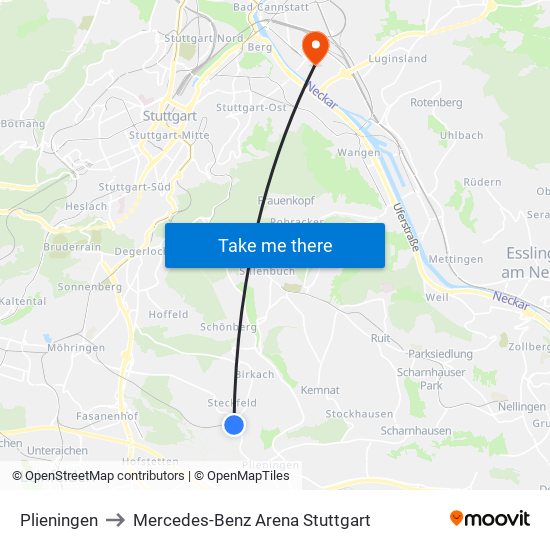 Plieningen to Mercedes-Benz Arena Stuttgart map