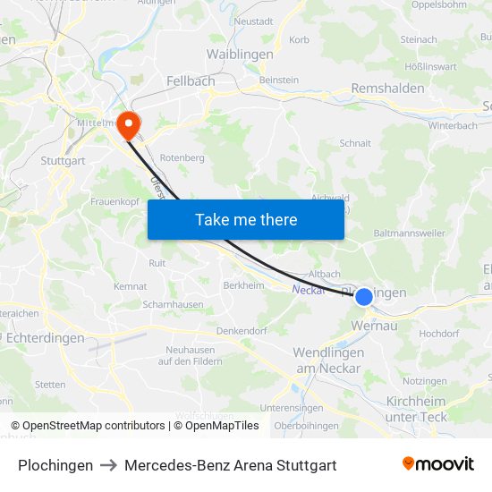 Plochingen to Mercedes-Benz Arena Stuttgart map