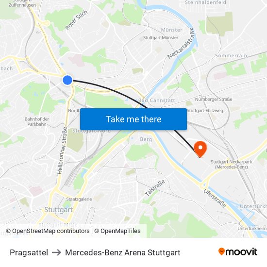 Pragsattel to Mercedes-Benz Arena Stuttgart map