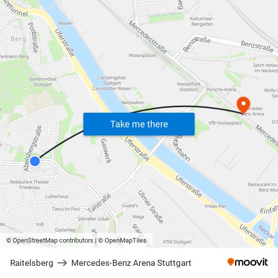 Raitelsberg to Mercedes-Benz Arena Stuttgart map