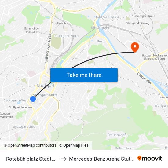 Rotebühlplatz Stadtmitte to Mercedes-Benz Arena Stuttgart map