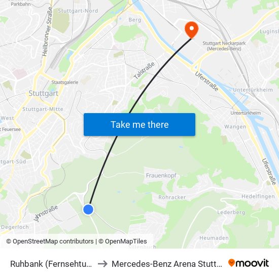 Ruhbank (Fernsehturm) to Mercedes-Benz Arena Stuttgart map