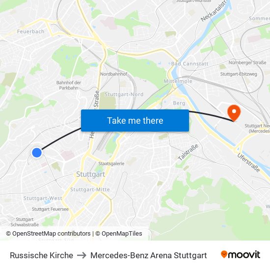 Russische Kirche to Mercedes-Benz Arena Stuttgart map