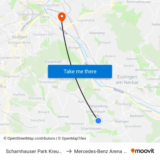 Scharnhauser Park Kreuzbrunnen to Mercedes-Benz Arena Stuttgart map