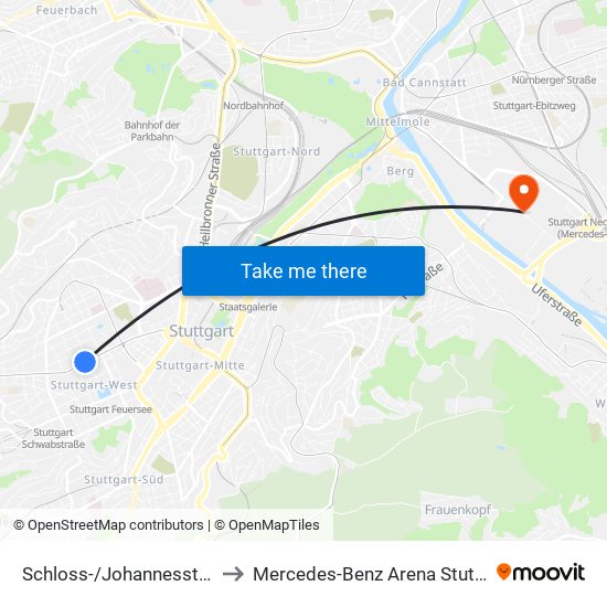 Schloss-/Johannesstraße to Mercedes-Benz Arena Stuttgart map