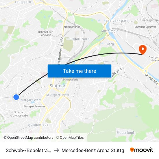 Schwab-/Bebelstraße to Mercedes-Benz Arena Stuttgart map