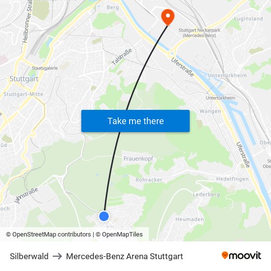 Silberwald to Mercedes-Benz Arena Stuttgart map