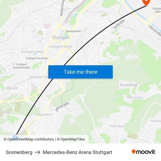 Sonnenberg to Mercedes-Benz Arena Stuttgart map