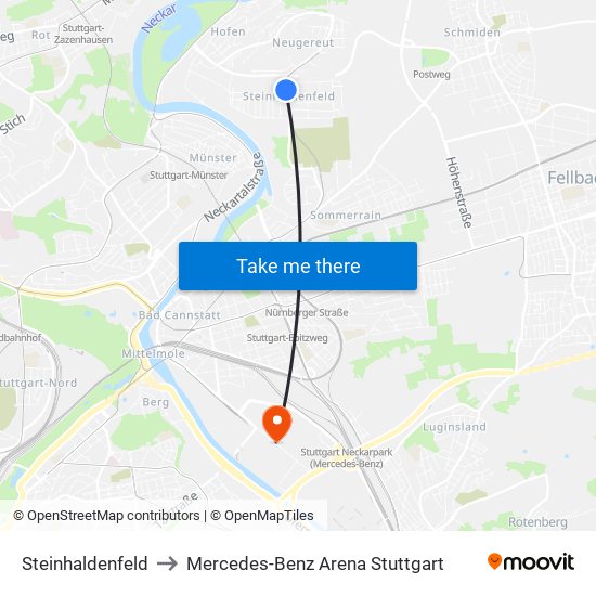 Steinhaldenfeld to Mercedes-Benz Arena Stuttgart map