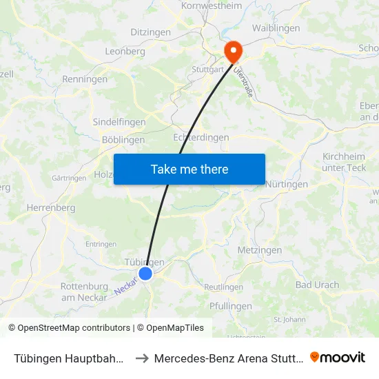 Tübingen Hauptbahnhof to Mercedes-Benz Arena Stuttgart map