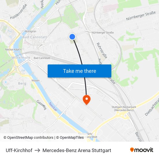 Uff-Kirchhof to Mercedes-Benz Arena Stuttgart map
