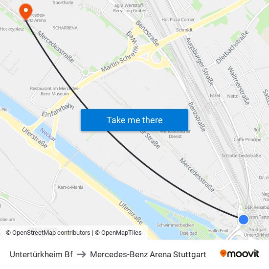 Untertürkheim Bf to Mercedes-Benz Arena Stuttgart map