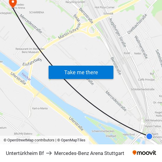 Untertürkheim Bf to Mercedes-Benz Arena Stuttgart map