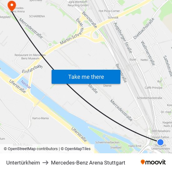 Untertürkheim to Mercedes-Benz Arena Stuttgart map