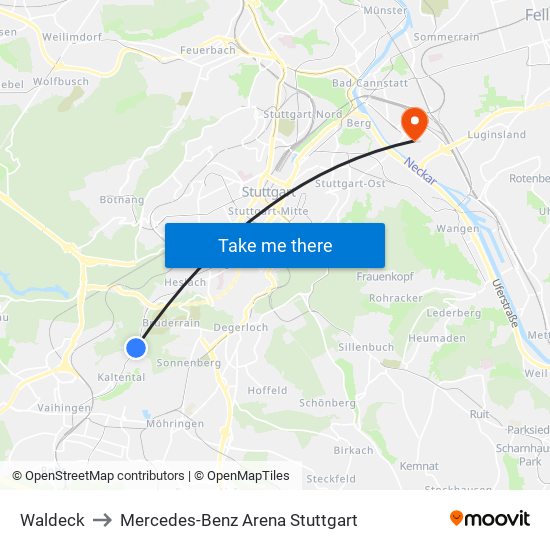 Waldeck to Mercedes-Benz Arena Stuttgart map